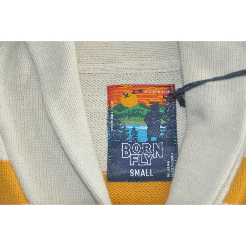 Born Fly Cardigan Sweater Shawl Collar Button Front Mens Small Cotton Elbows NWT - Picture 4 of 6